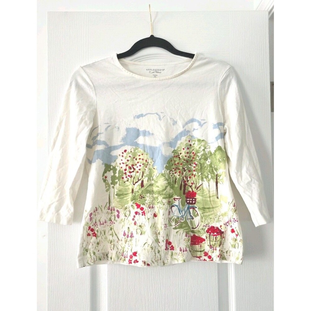 Appleseed's Petite PS Cotton Scenic Garden Bicycle Print 3/4 Sleeve Top